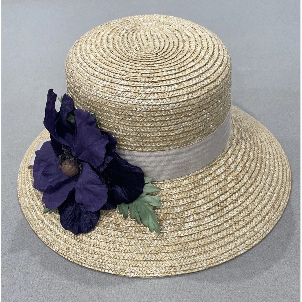 Liz Claiborne Straw Sun Hat Purple Flower 90's Cottage Core Boho Grandma Core - Picture 2 of 8
